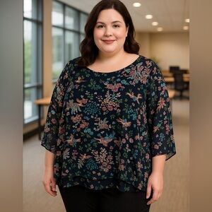 Floral Chiffon Navy Women's Top Size 2X